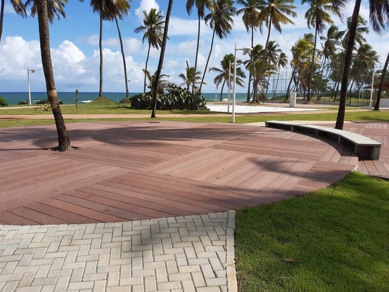 Deck circular em madeira ecológica em praça pública à beira-mar com coqueiros
