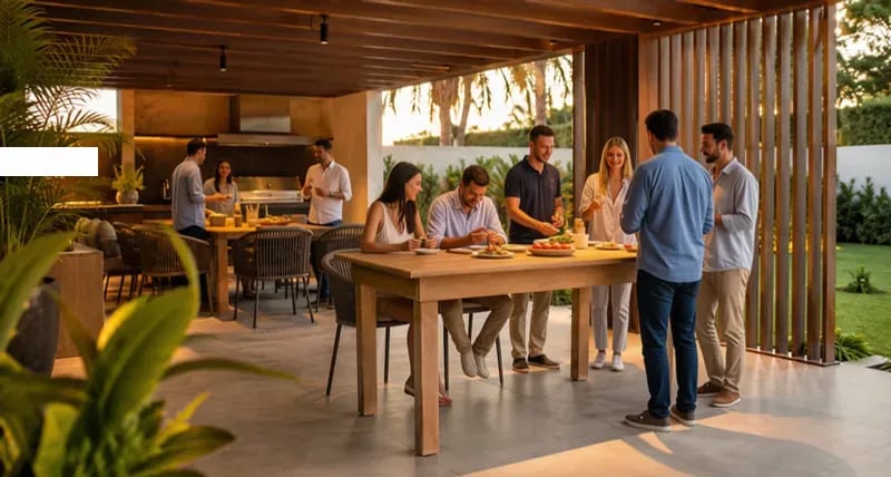 Amigos reunidos em área gourmet ao entardecer com mesa e bancos Eco Móveis de madeira ecológica