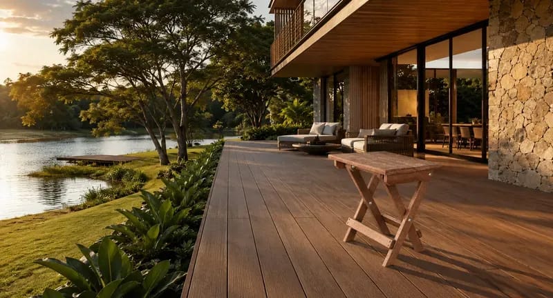Banco Dobrável Eco Móveis em madeira ecológica em deck à beira do lago, móvel para área externa EcoÚtil