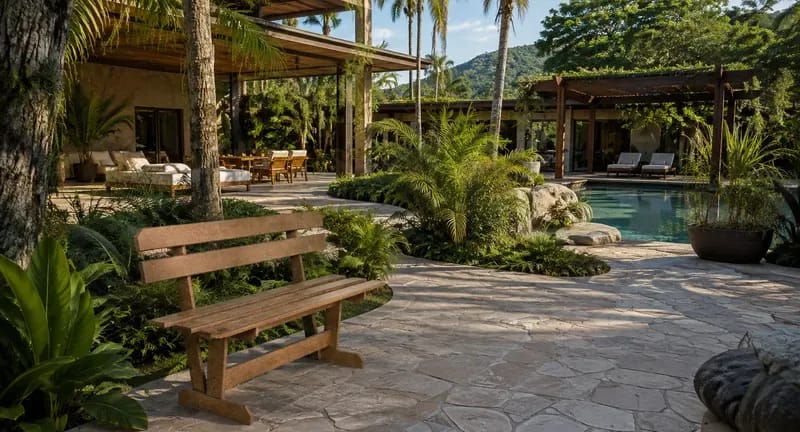 Banco Leve Eco Móveis em madeira ecológica em jardim com piscina, móvel para área externa EcoÚtil