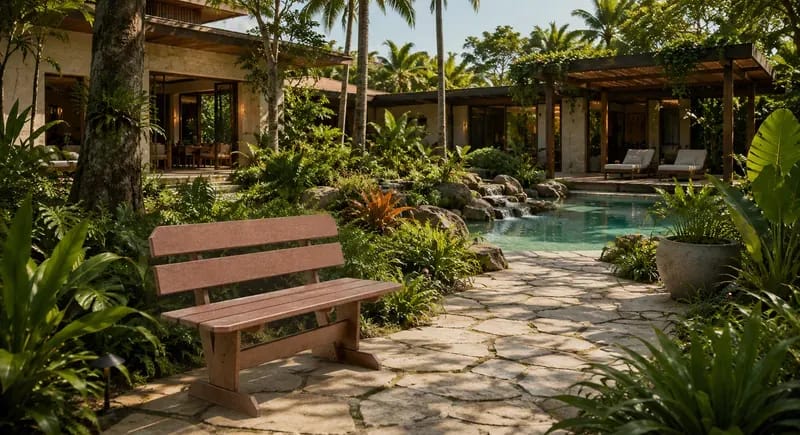 Banco Reforçado Eco Móveis em madeira ecológica em jardim tropical, móvel para área externa EcoÚtil
