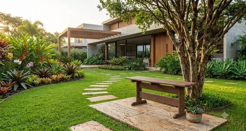 Banco sem Encosto Leve Eco Móveis em madeira ecológica no jardim, móvel para área externa EcoÚtil