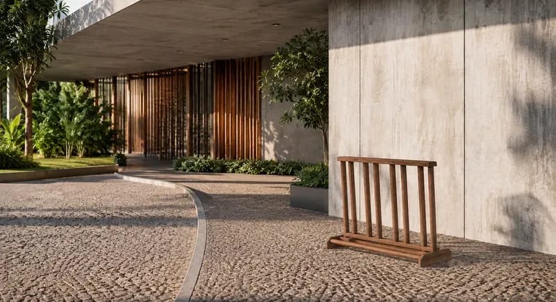 Bicicletário Eco Móveis em madeira ecológica em calçada de condomínio, móvel para área externa EcoÚtil
