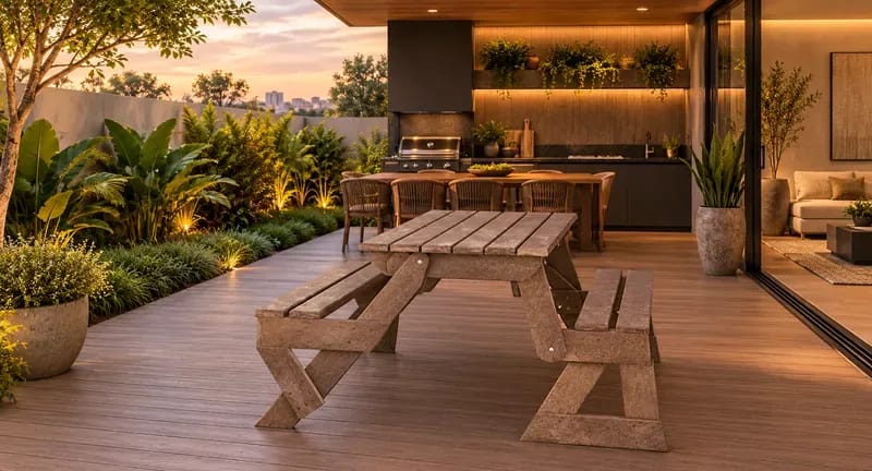 Mesa Banco Eco Móveis em madeira ecológica em área gourmet, móvel para área externa EcoÚtil