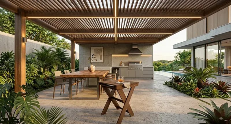 Mesa Bar Eco Móveis em madeira ecológica sob pergolado, móvel para área externa EcoÚtil