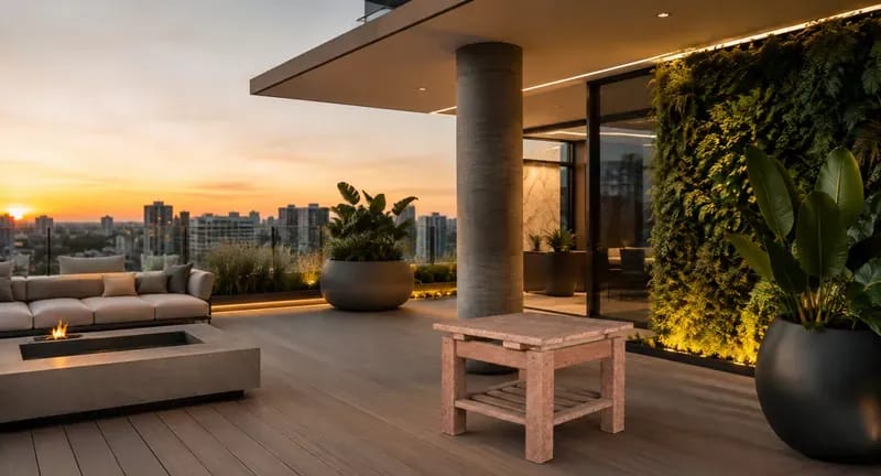 Mesa Centro Quadrada Eco Móveis em madeira ecológica em terraço ao pôr do sol, móvel para área externa EcoÚtil