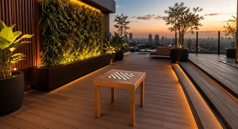 Mesa Tabuleiro Eco Móveis em madeira ecológica em terraço, móvel para área externa EcoÚtil