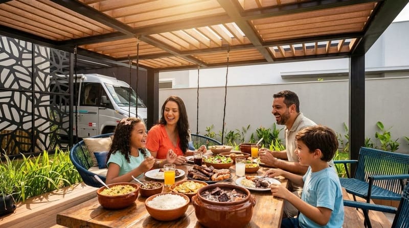 Família almoçando em área gourmet sob pergolado de madeira ecológica